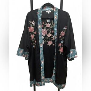 Umgee Black Floral Embroidered Boho Kimono Cotton Blend - Size S